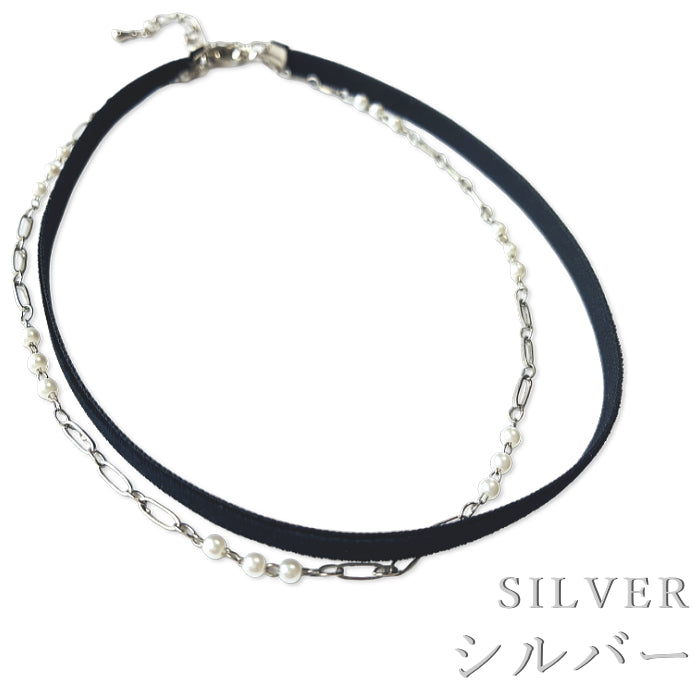 チョーカー ベロア 黒 ベルベット リボン ネックレス パールチェーン付 重ね着け 0.6cm幅 細め 3サイズ メンズ レディース 日本製 メール便 dplus arts