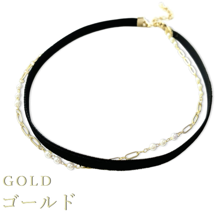 チョーカー ベロア 黒 ベルベット リボン ネックレス パールチェーン付 重ね着け 0.6cm幅 細め 3サイズ メンズ レディース 日本製 メール便 dplus arts