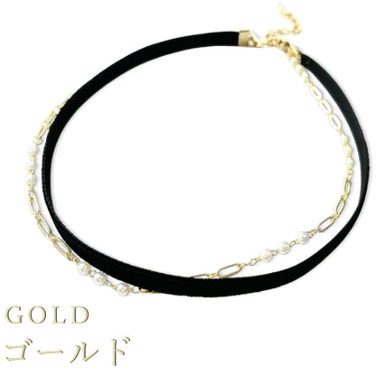 チョーカー ベロア 黒 ベルベット リボン ネックレス パールチェーン付 重ね着け 0.6cm幅 細め 3サイズ メンズ レディース 日本製 メール便 dplus arts